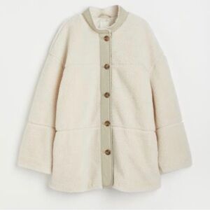 H&M Women Cream Sherpa Teddy Fleece Jacket Button Front Cozy Coat Size S